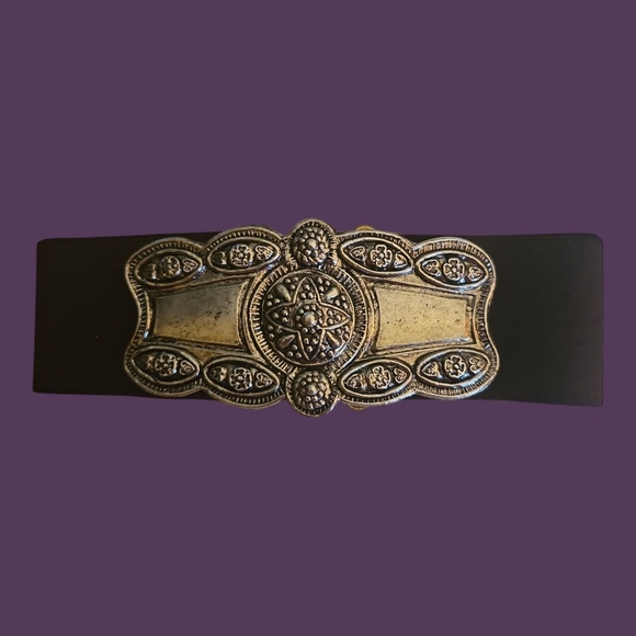 Vintage 1970s-1980s Ornate Floral Metal Buckle Brown Stretch Belt - Picture 1 of 8